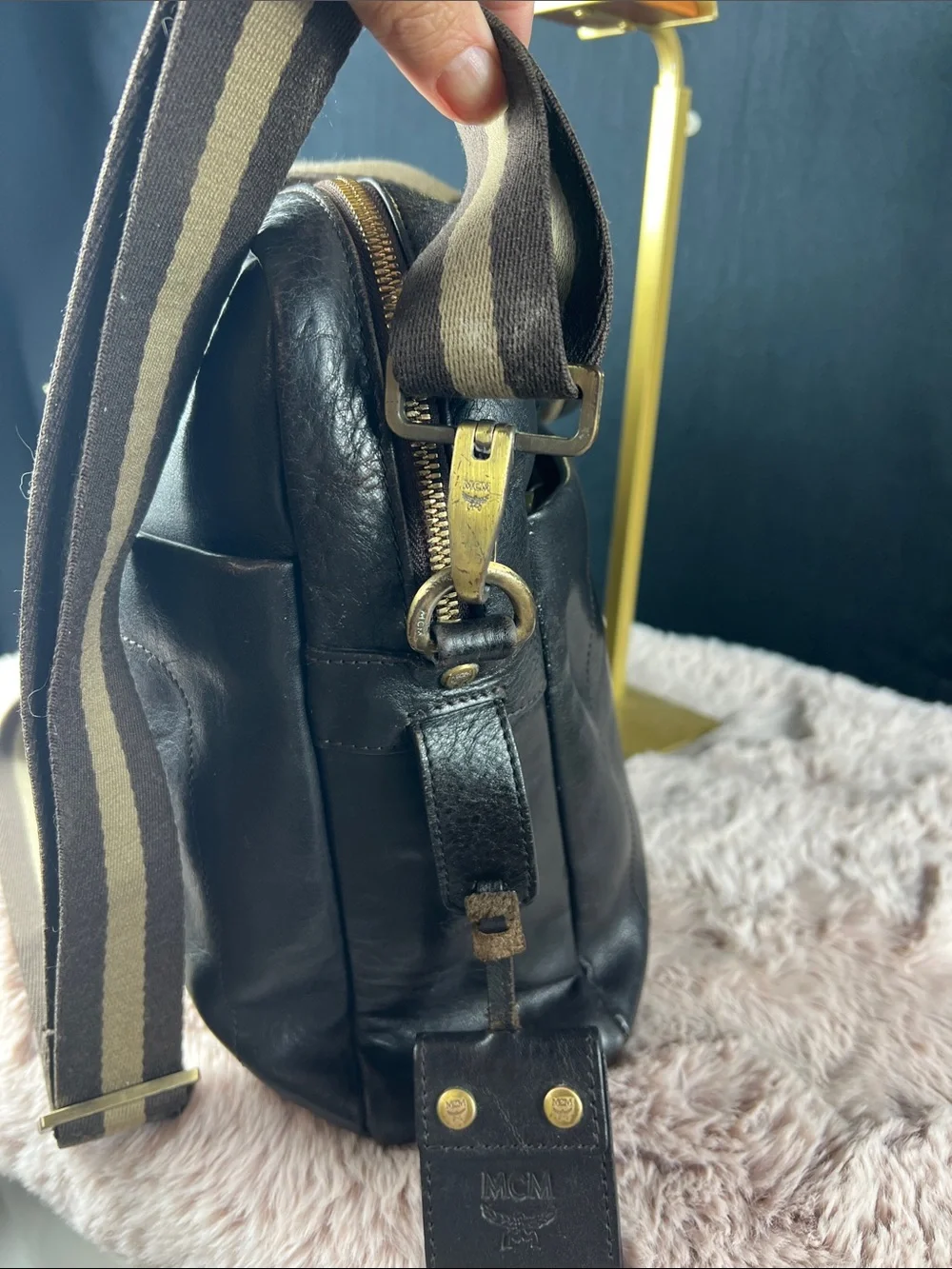 MCM München Vintage Black Leather Briefcase Laptop Messenger Shoulder Bag EUC